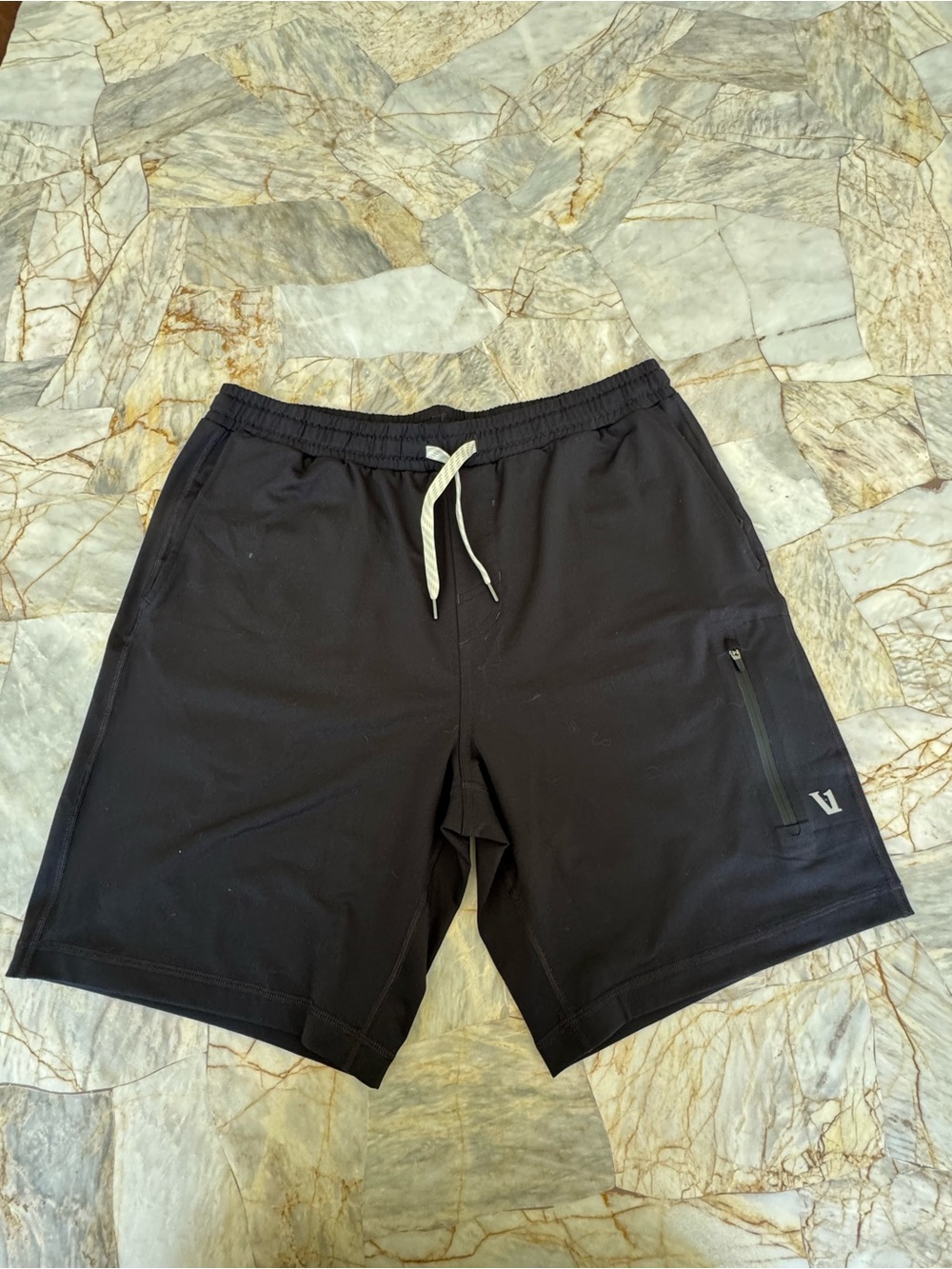 Vuori Black Athletic Shorts with Cream Drawstring